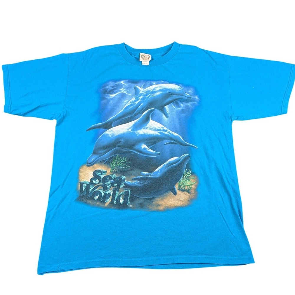 SeaWorld Vintage Dolphin Graphic T-Shirt TurquoiseBlue Cottonmill XL Made in USA